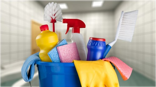 Deep cleaning tools and supplies arranged for home cleaning